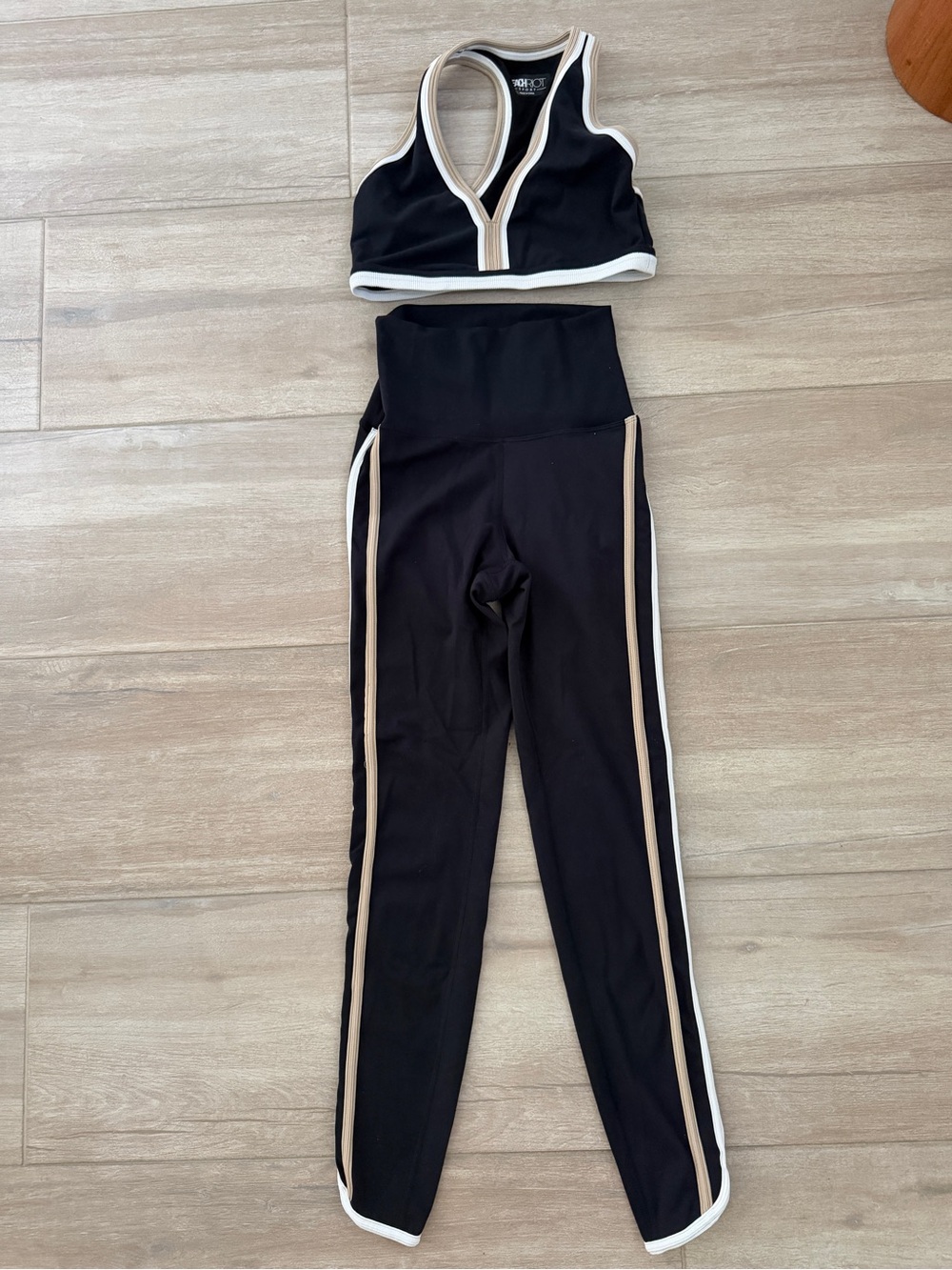 Fabletics Black Leggings & Sports Bra Set with Cream and White Trim